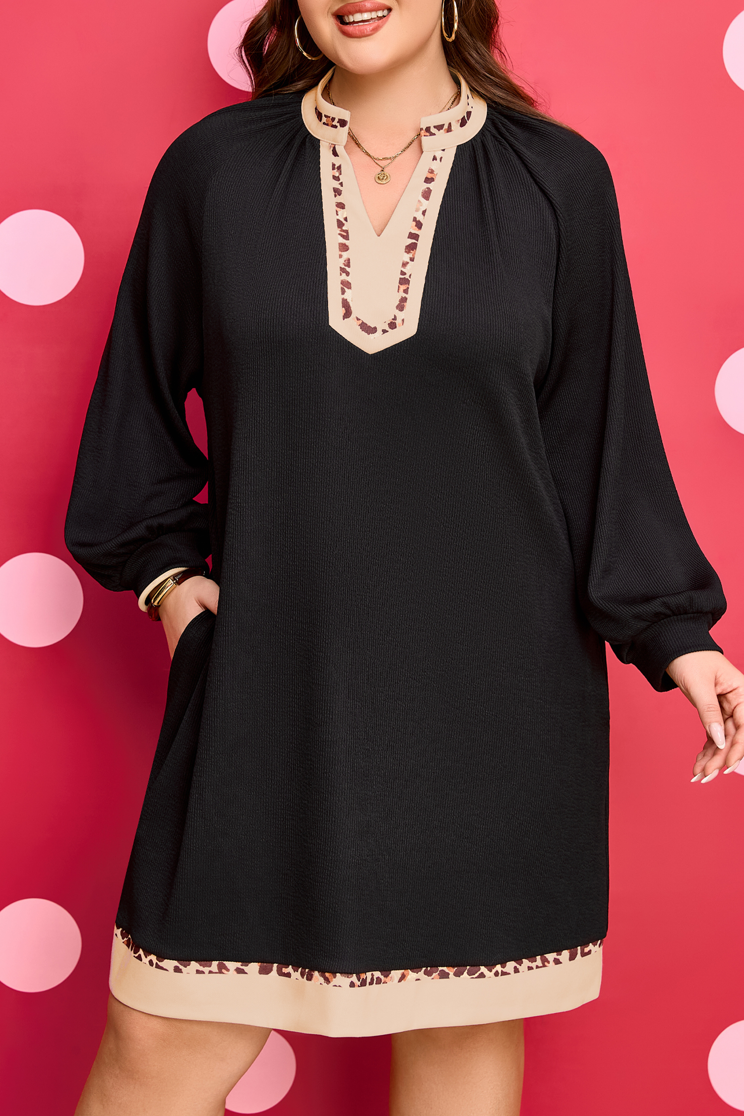 Plus Size Black Contrast Color Block Leopard Trim  Ribbed Dress