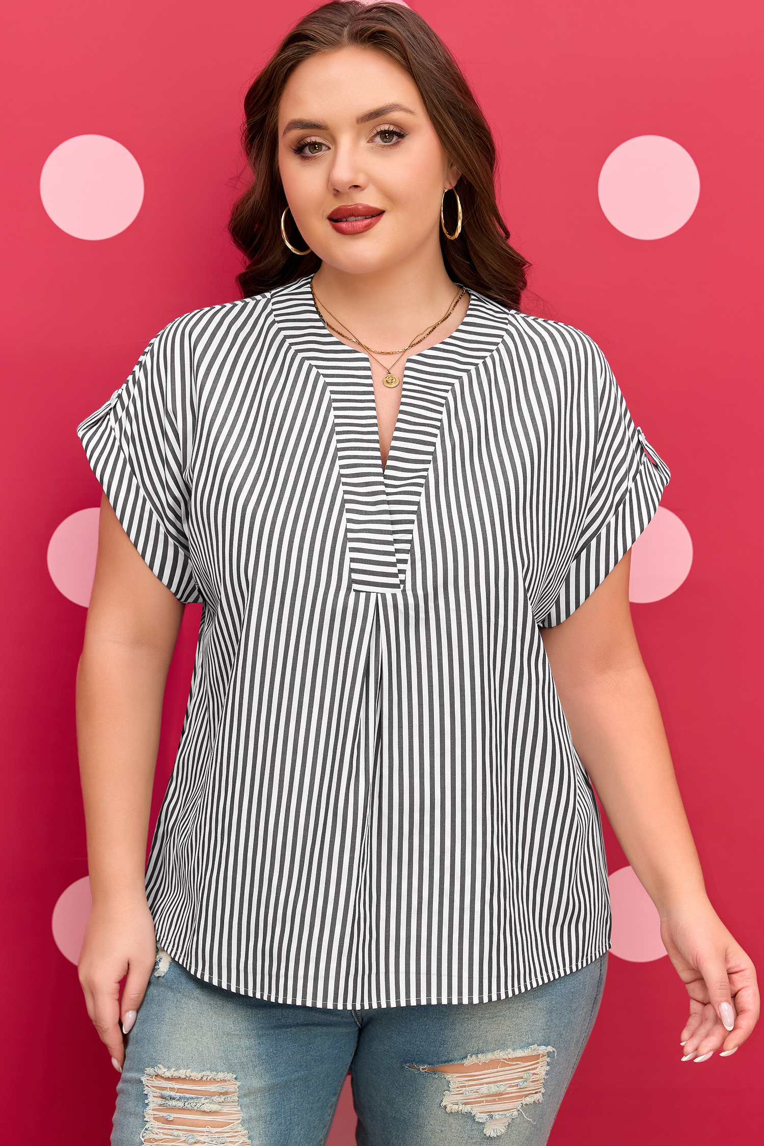 Plus Size Black Stripe  V Neck Roll-tab Short Dolman Sleeve Blouse