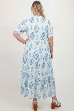 Plus Size Sky Blue  Geometric Floral Print Button Split Neck Short Sleeve Maxi Dress