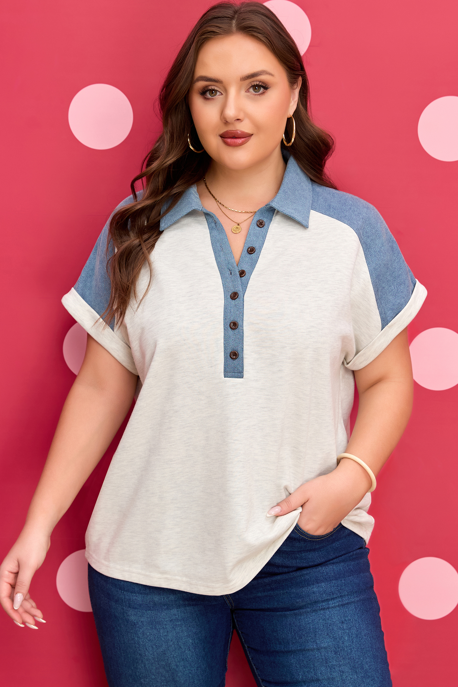 Plus Size Beige  Contrast Denim Patchwork Cuffed Sleeve Polo Tee