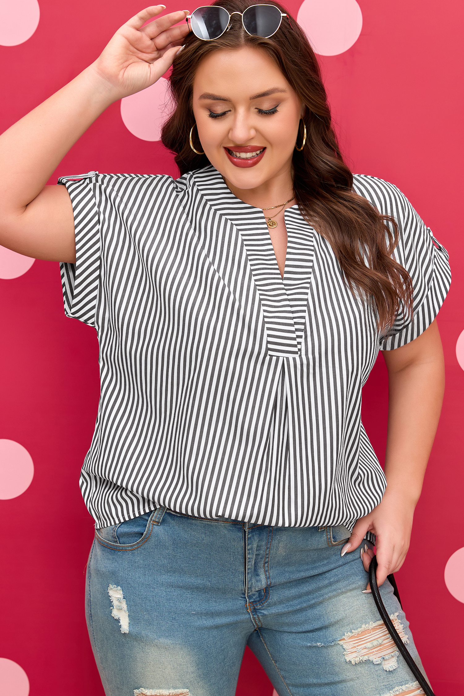 Plus Size Black Stripe  V Neck Roll-tab Short Dolman Sleeve Blouse