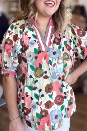 Plus Size Pink V Neck Short Puff Sleeve  Floral Blouse