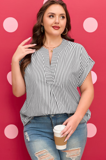 Plus Size Black Stripe  V Neck Roll-tab Short Dolman Sleeve Blouse