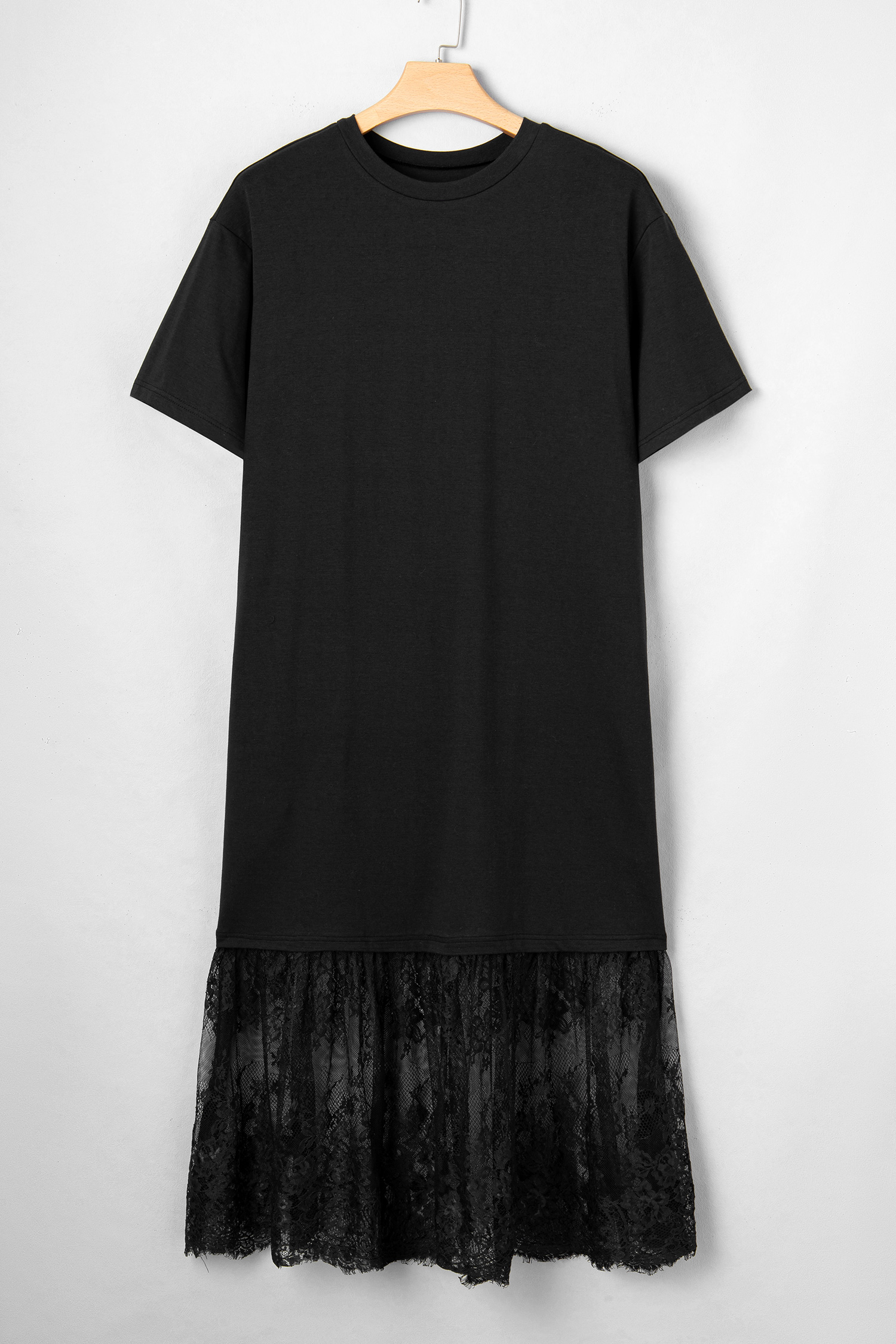 Plus Size Black  Lace Hem Patchwork T Shirt Midi Dress