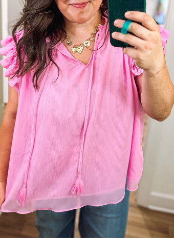 Plus Size Bonbon  Textured Tassel Tie V Neck Ruffle Short Sleeve Blouse