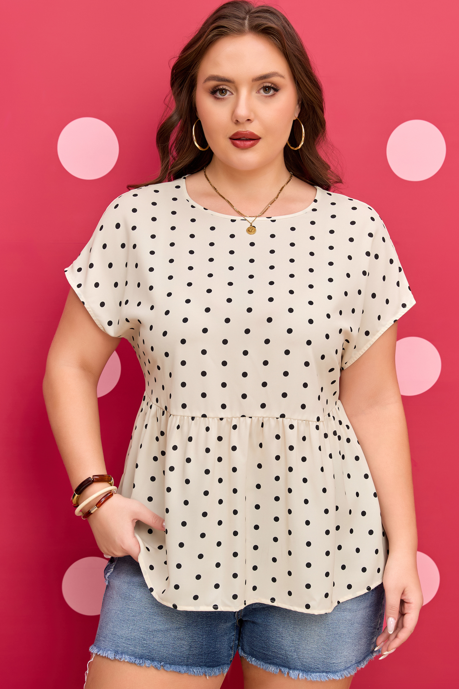 Plus Size Apricot  Polka Dot Print Button Detail Short Sleeve Babydoll Blouse