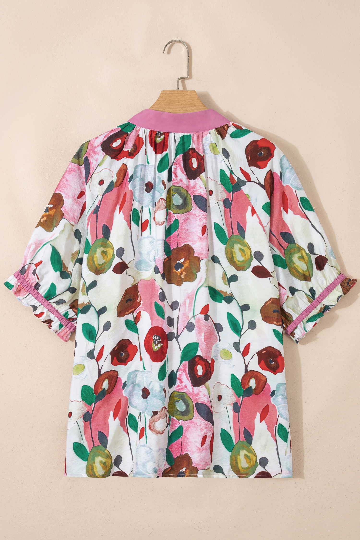 Plus Size Pink V Neck Short Puff Sleeve  Floral Blouse