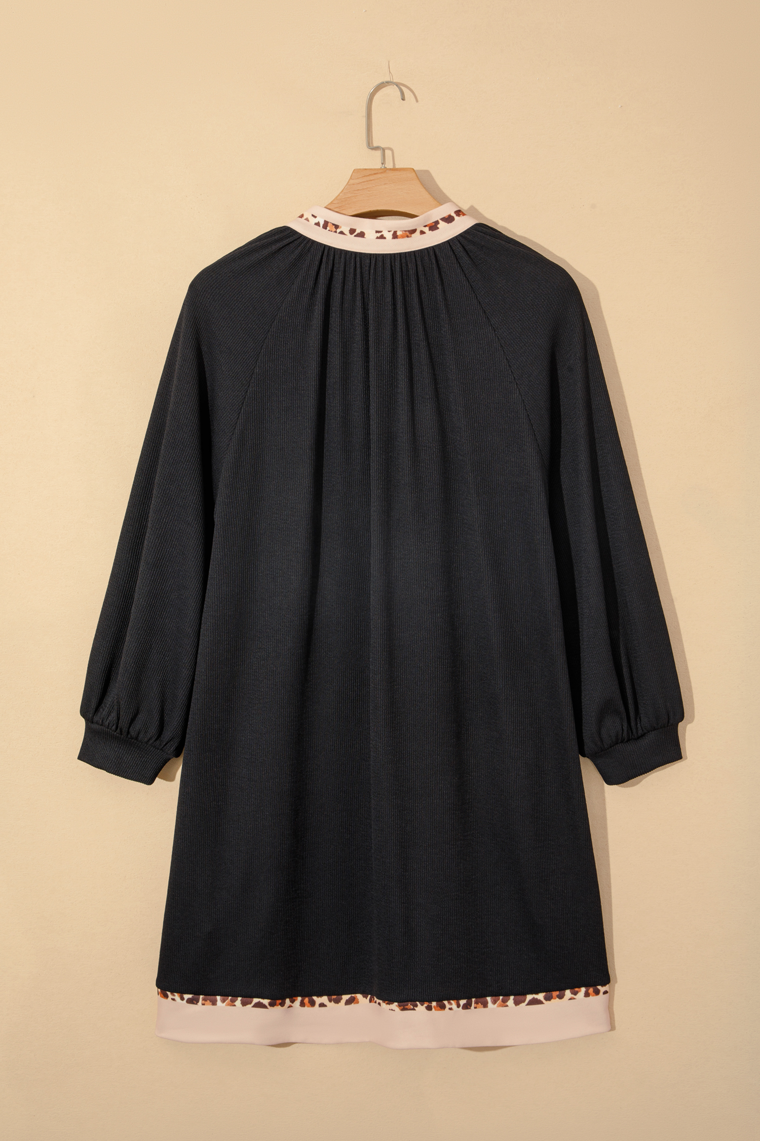 Plus Size Black Contrast Color Block Leopard Trim  Ribbed Dress