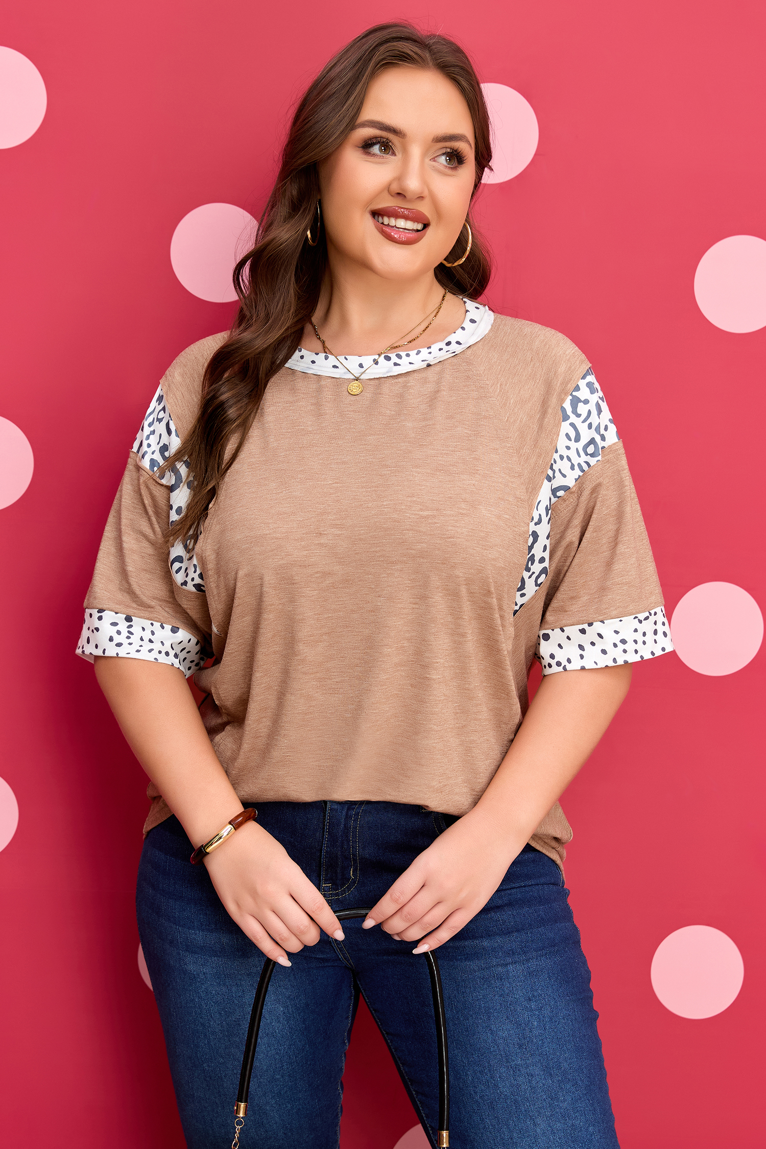 Plus Size Chestnut Animal Color Block Patchwork  Tee