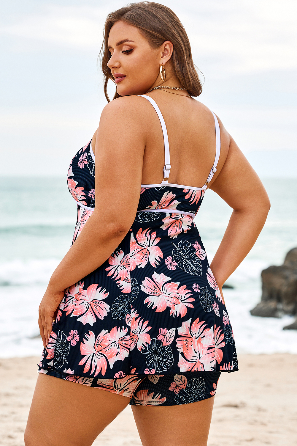 Plus Size Black  Ribbed Contrast Trim Adjustable Straps 2pcs Swimsuit