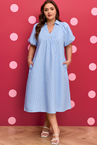 Plus Size Sky Blue Stripe Shirred Detail Collar V Neck  Midi Dress