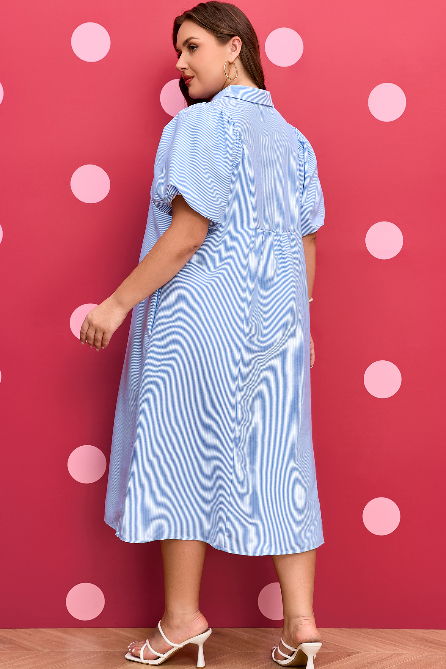 Plus Size Sky Blue Stripe Shirred Detail Collar V Neck  Midi Dress
