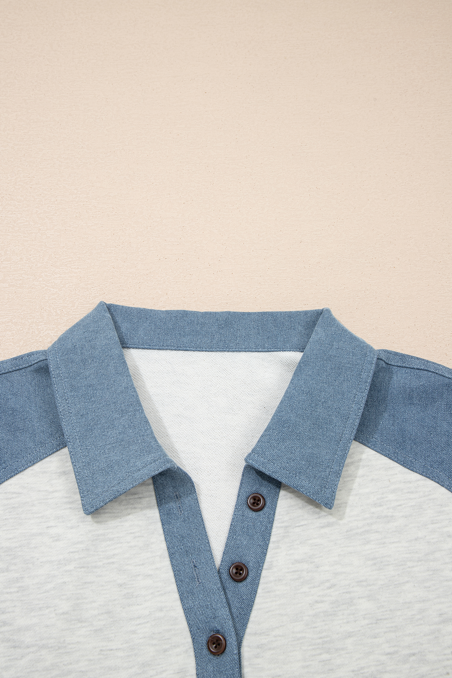 Plus Size Beige  Contrast Denim Patchwork Cuffed Sleeve Polo Tee