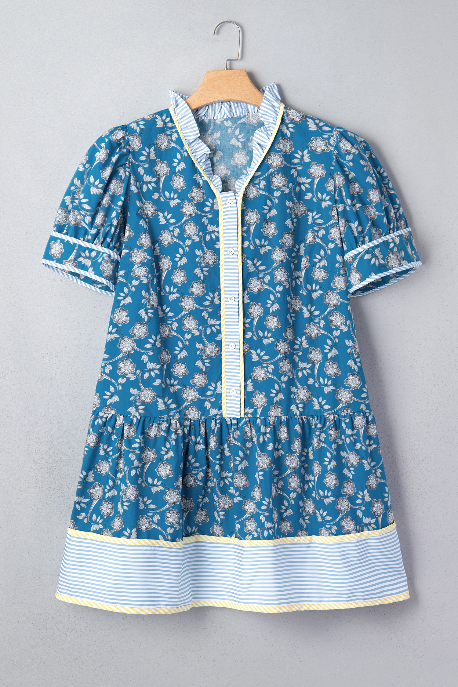 Plus Size Blue  Floral Print Striped Patchwork Detail Button Front Ruffle Hem Dress