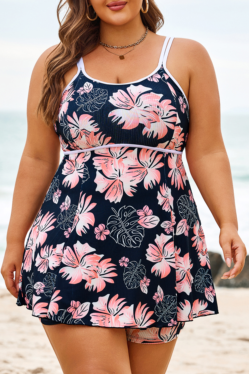 Plus Size Black  Ribbed Contrast Trim Adjustable Straps 2pcs Swimsuit