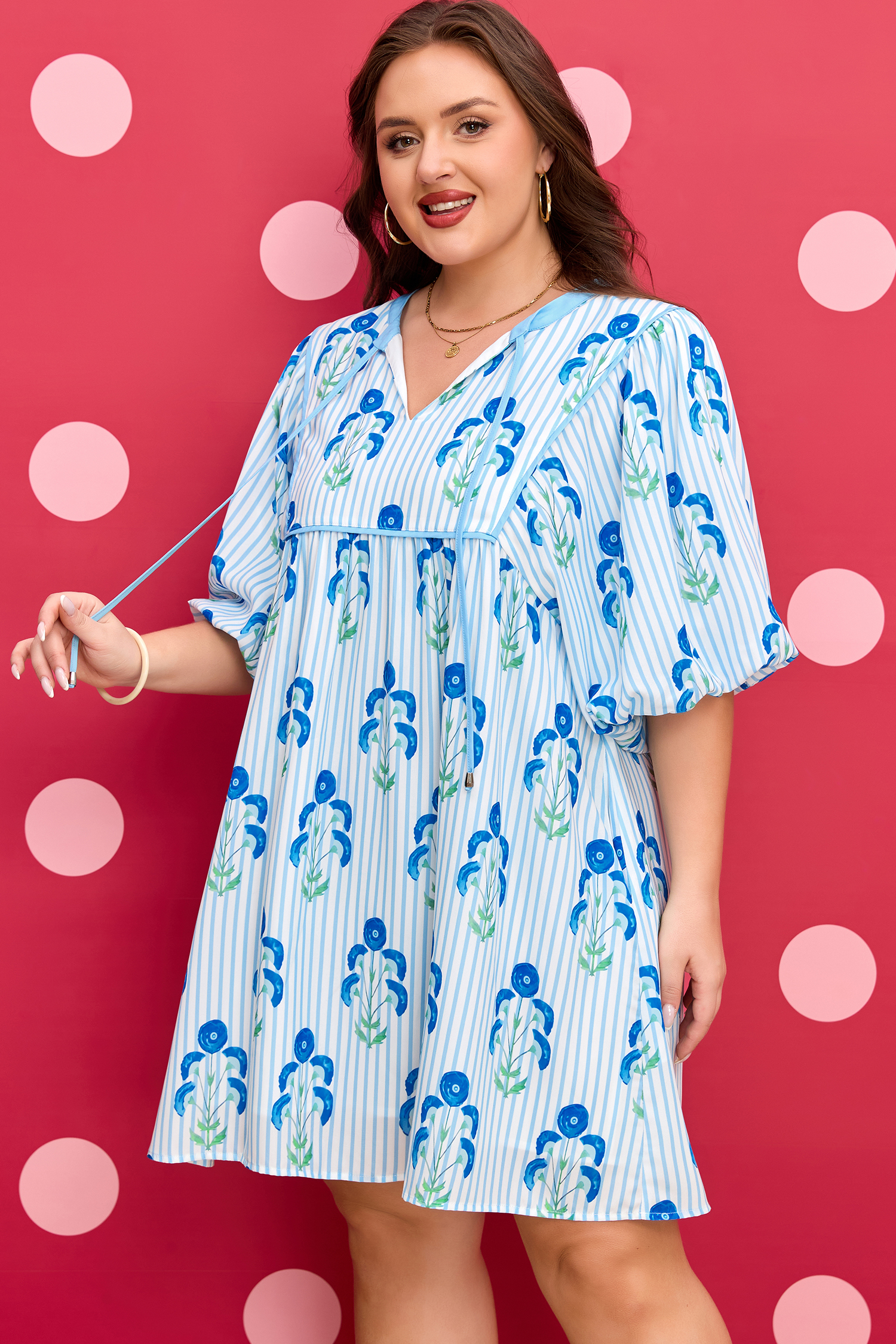 Plus Size Sky Blue Floral Striped Bubble Short Sleeve  Dress