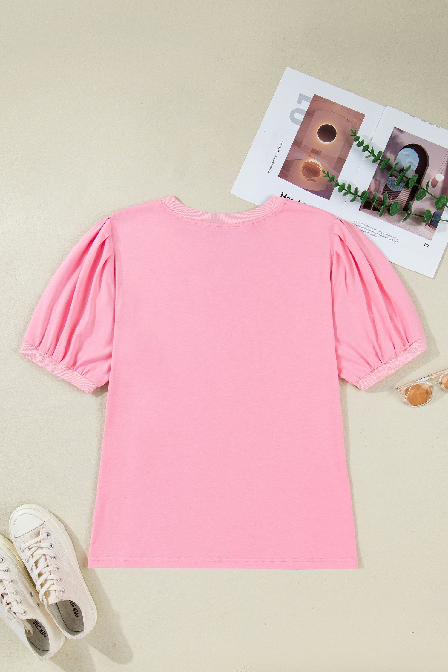 Plus Size Bonbon V Neck Pleated Short Puff Sleeve  Blouse