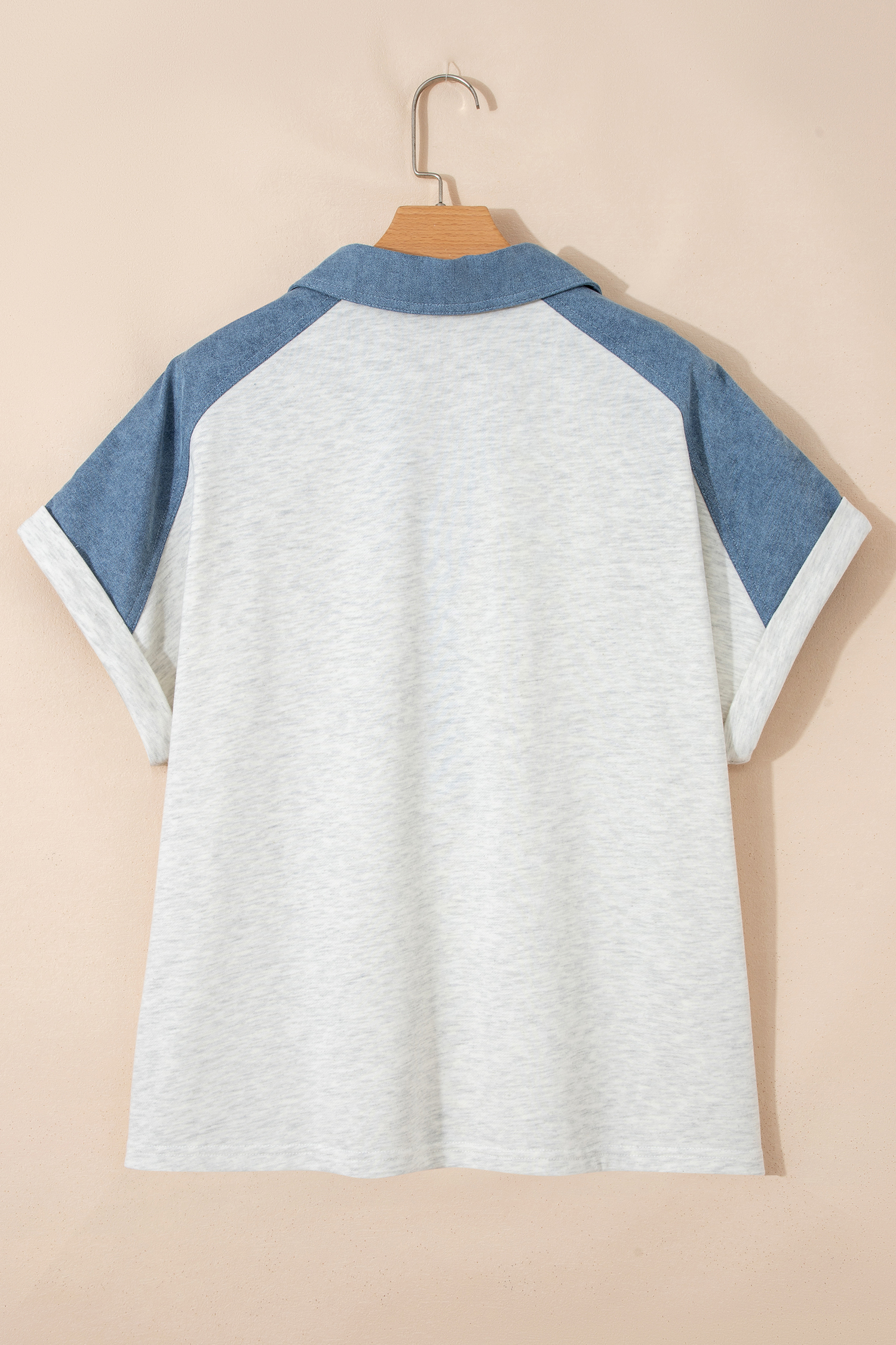 Plus Size Beige  Contrast Denim Patchwork Cuffed Sleeve Polo Tee