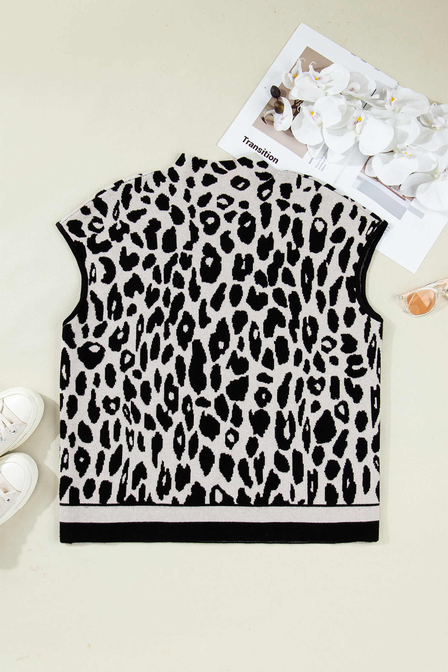 Plus Size Black  Leopard Print High Neck Short Sleeve Sweater