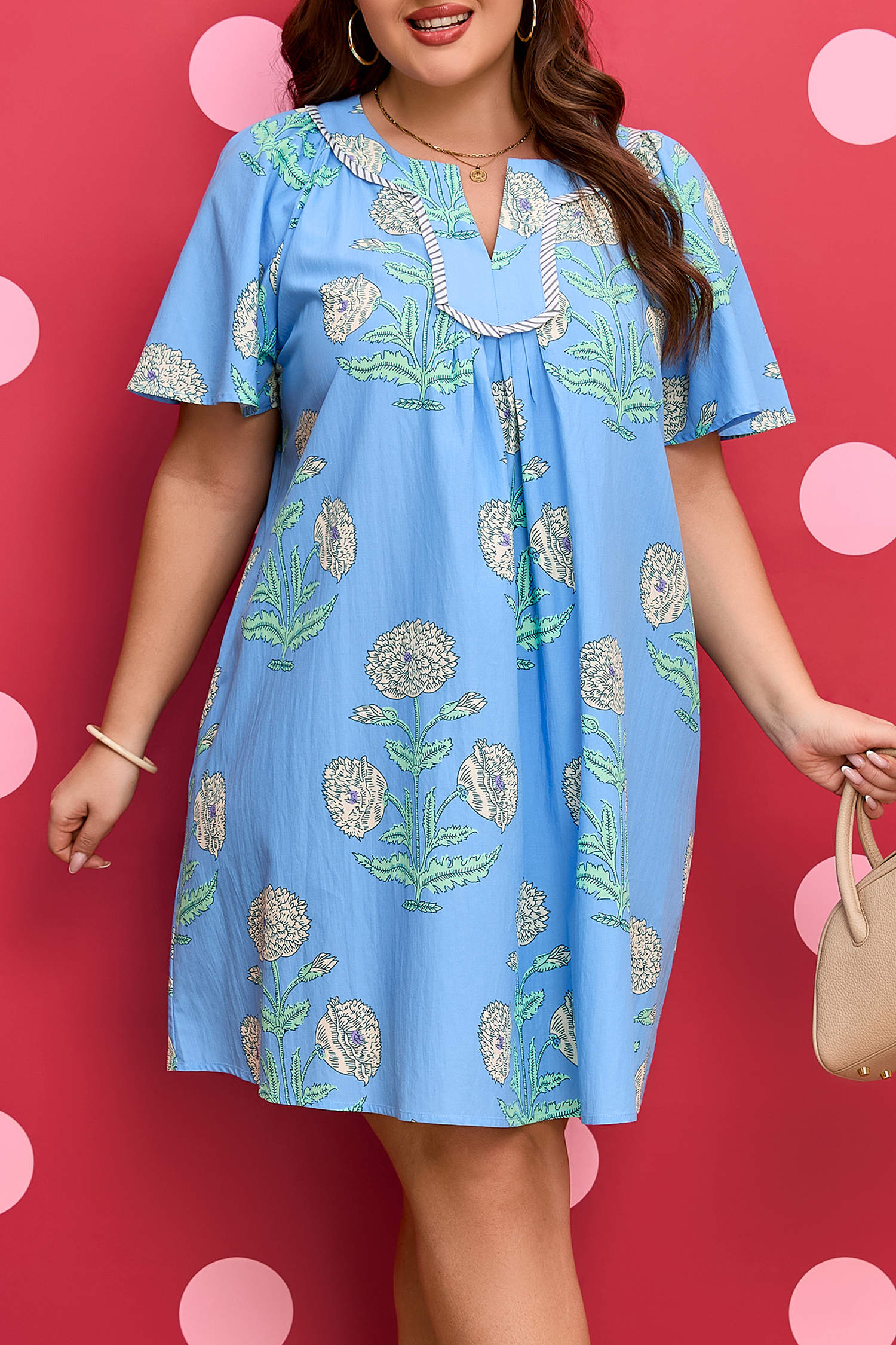 Sky Blue Plus Periwinkle Floral Printed Short Sleeve Striped Trim Split Neck Mini Dress