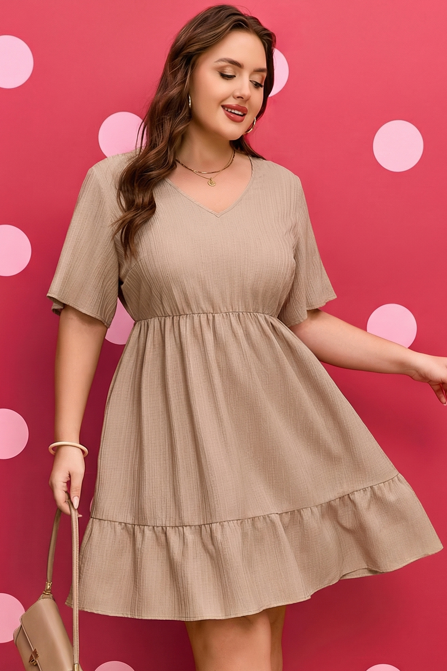 Plus Size Dark Khaki  Textured Ruffled Short Sleeve Dress