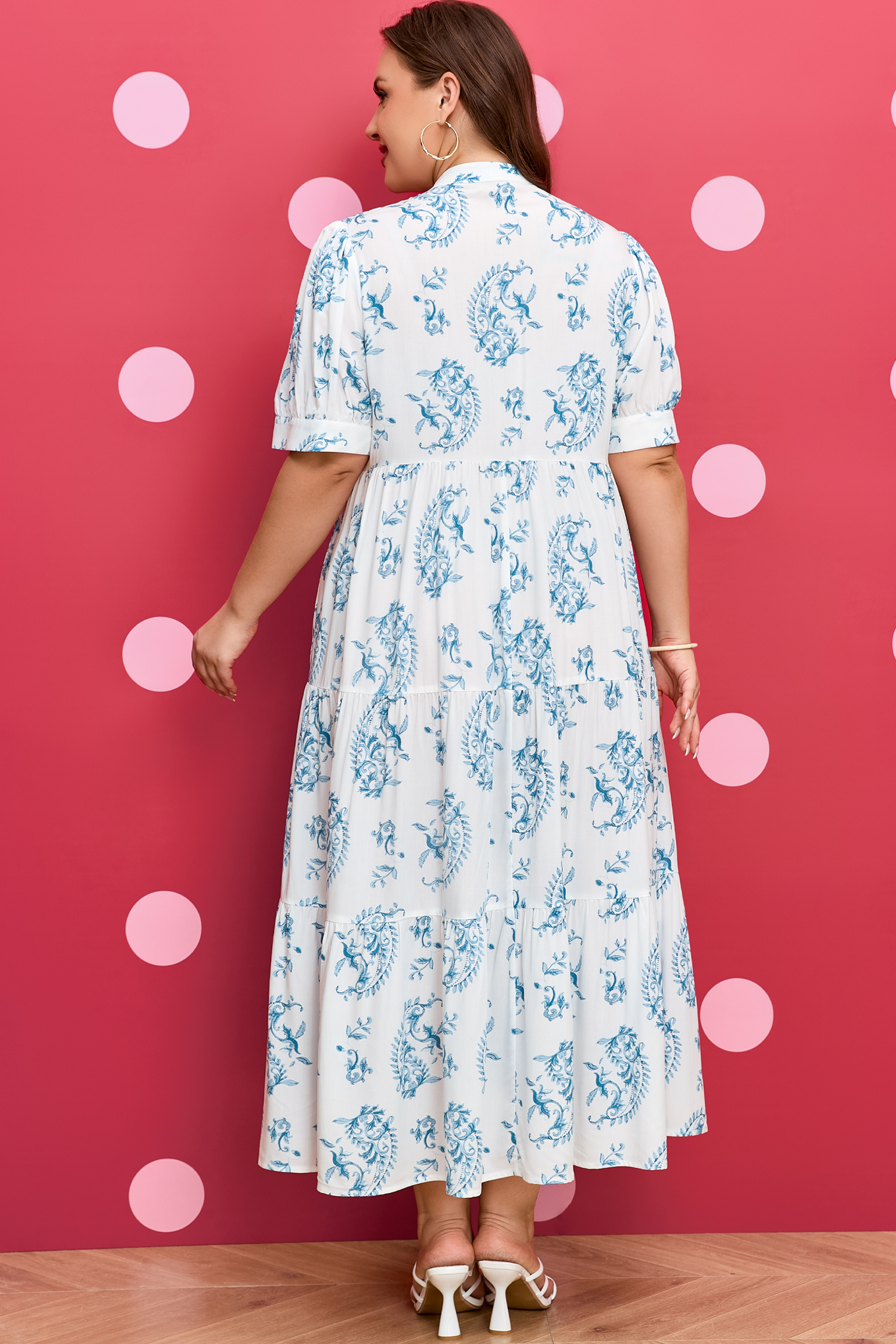 Plus Size Sky Blue  Geometric Floral Print Button Split Neck Short Sleeve Maxi Dress
