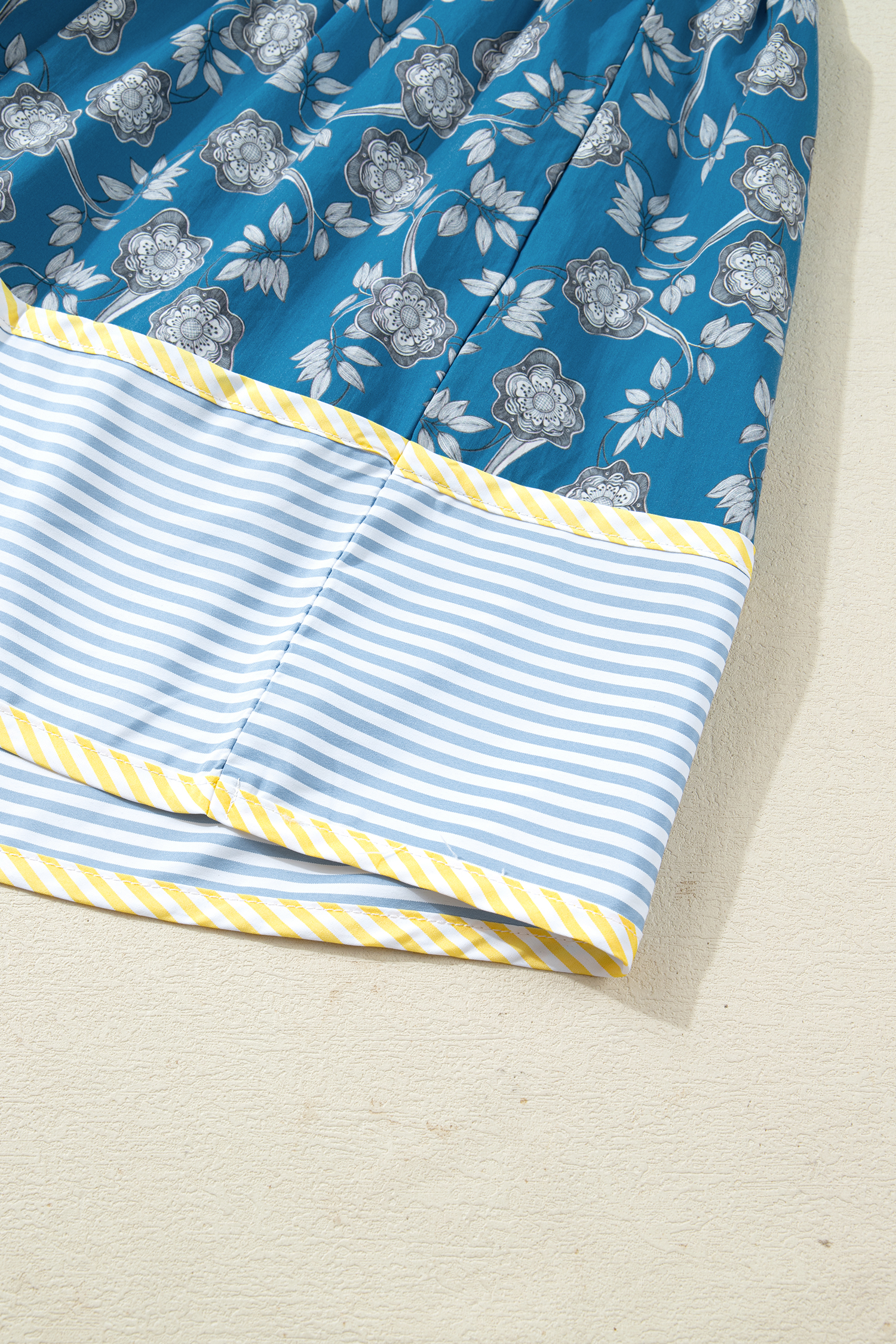 Plus Size Blue  Floral Print Striped Patchwork Detail Button Front Ruffle Hem Dress