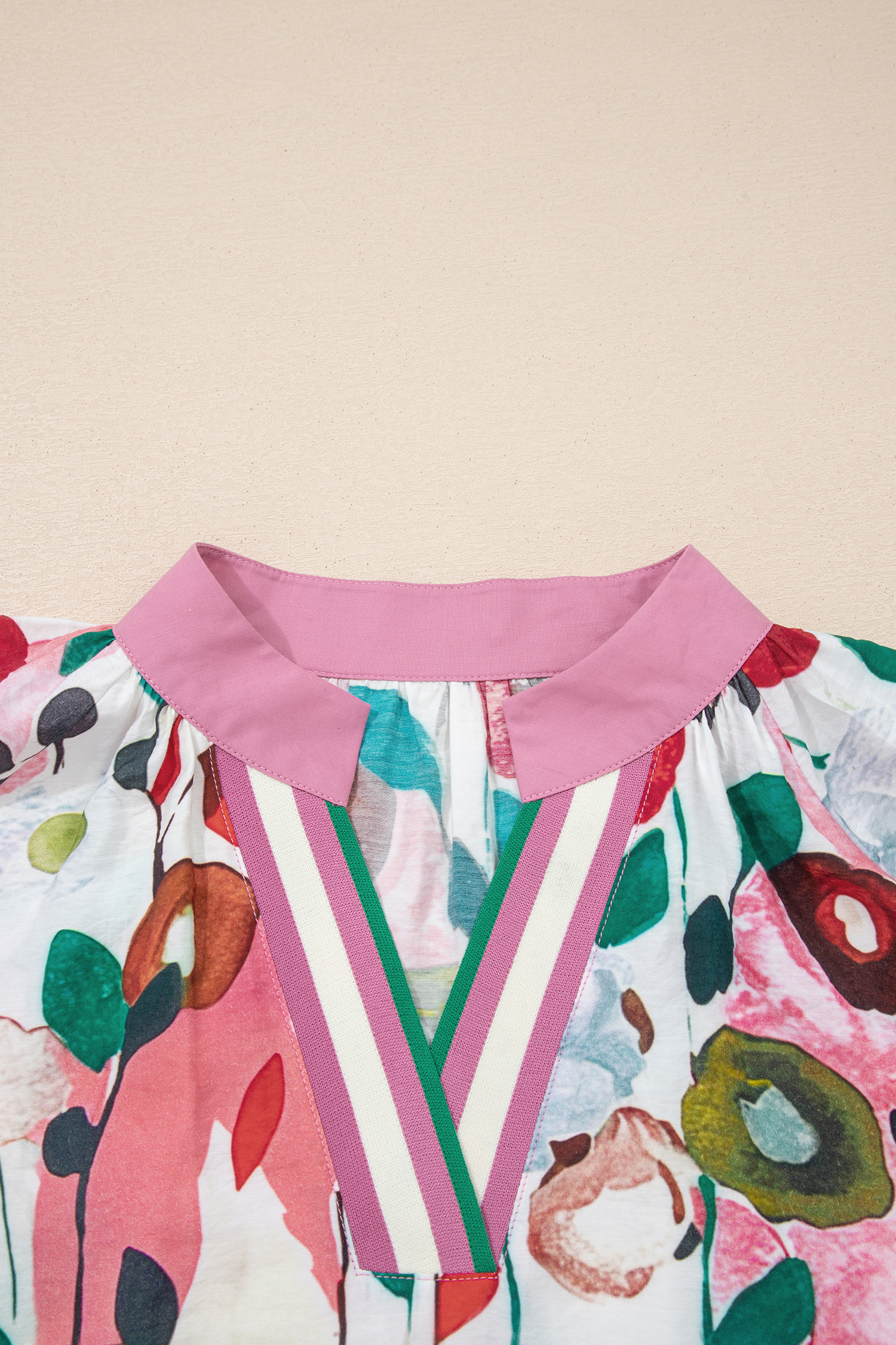 Plus Size Pink V Neck Short Puff Sleeve  Floral Blouse