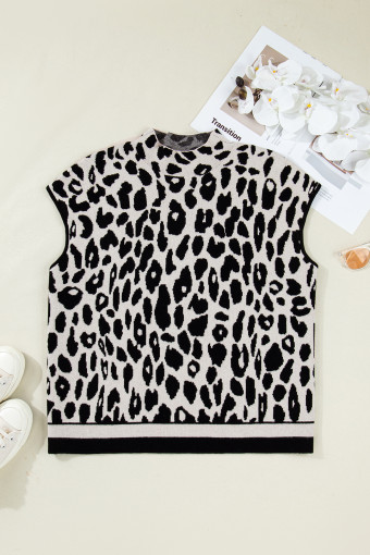 Plus Size Black  Leopard Print High Neck Short Sleeve Sweater