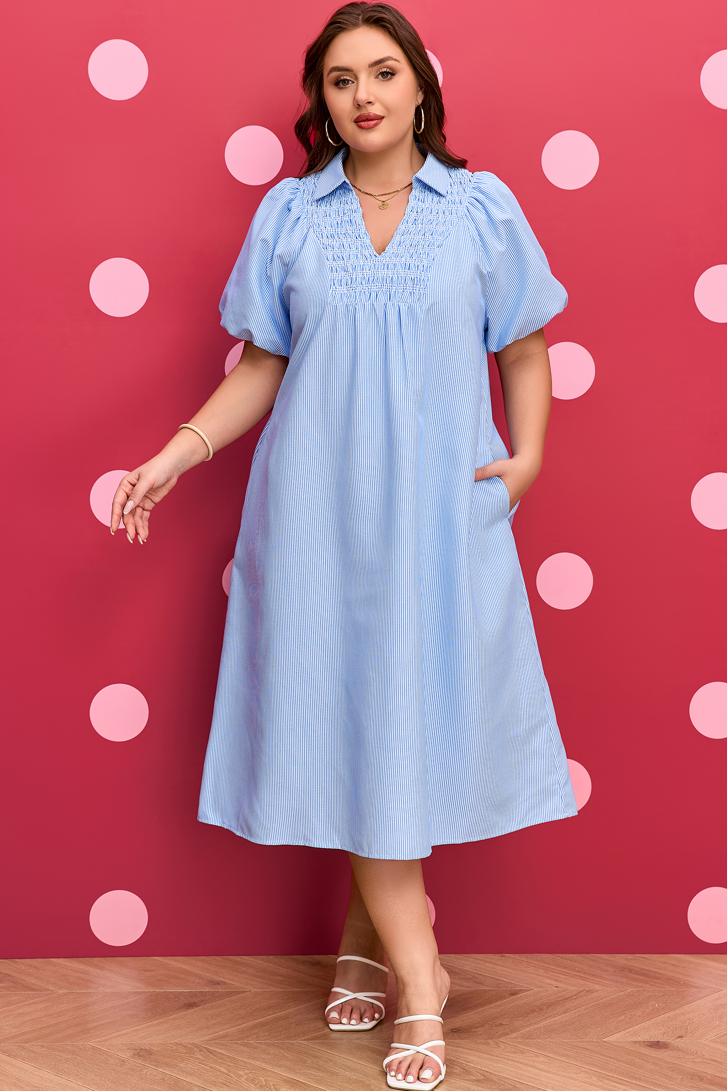 Plus Size Sky Blue Stripe Shirred Detail Collar V Neck  Midi Dress