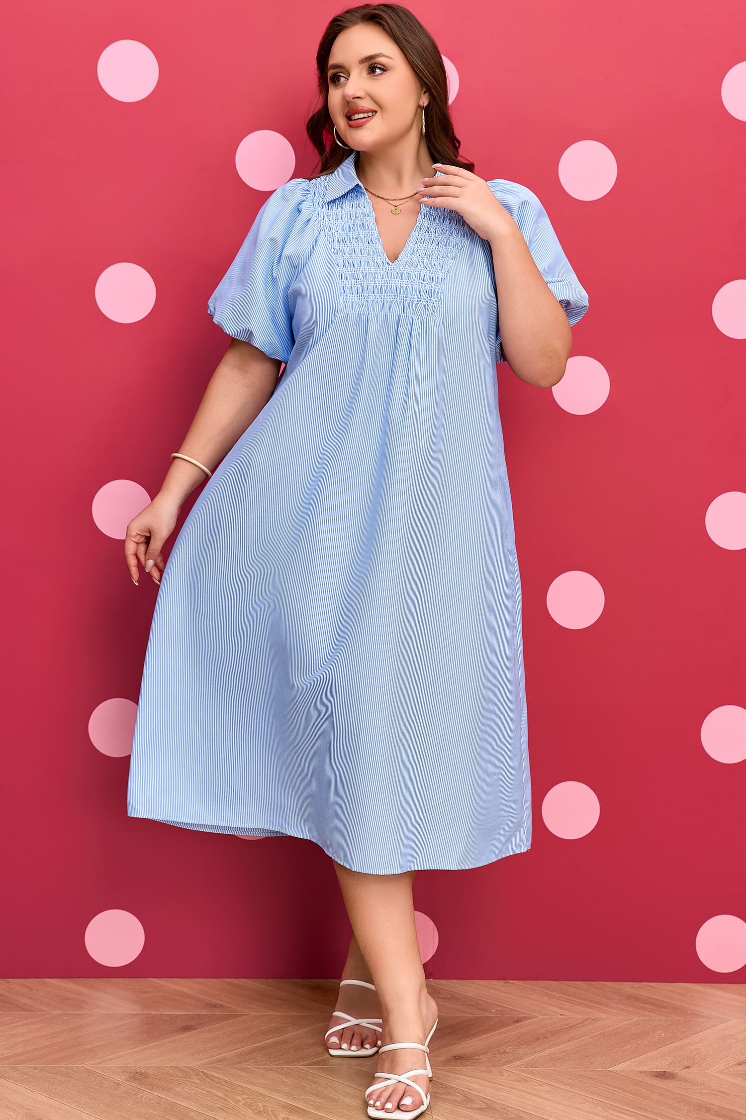 Plus Size Sky Blue Stripe Shirred Detail Collar V Neck  Midi Dress