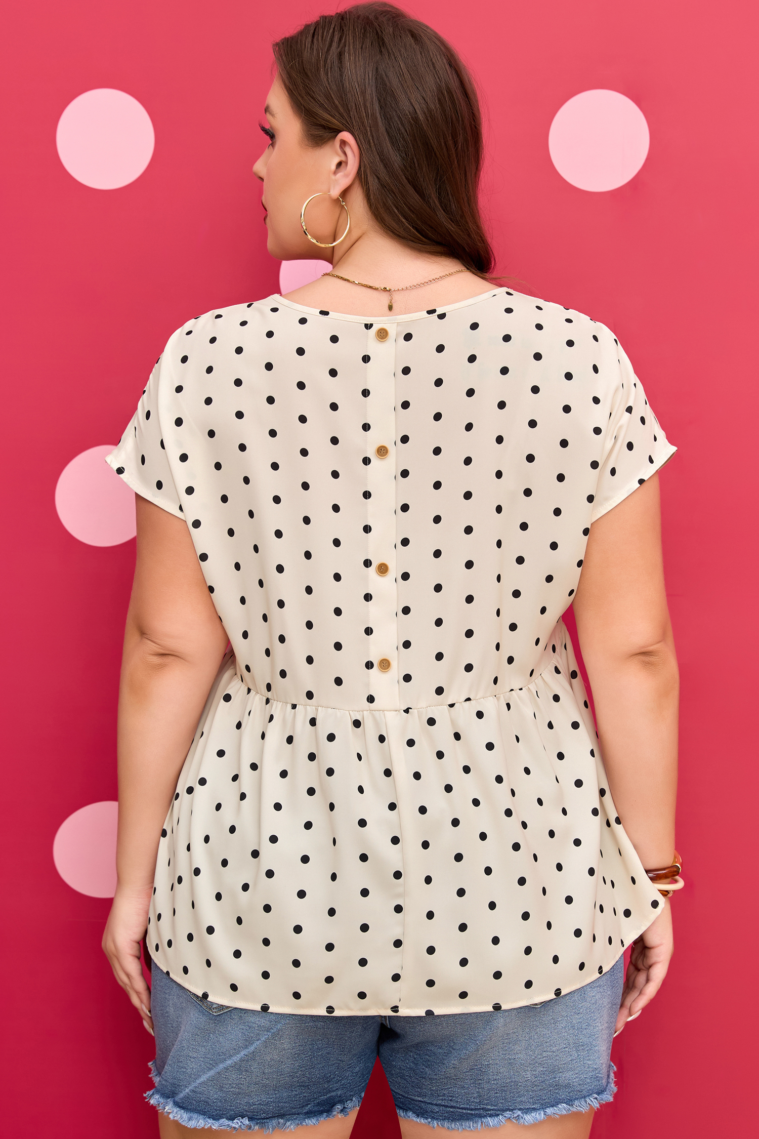 Plus Size Apricot  Polka Dot Print Button Detail Short Sleeve Babydoll Blouse