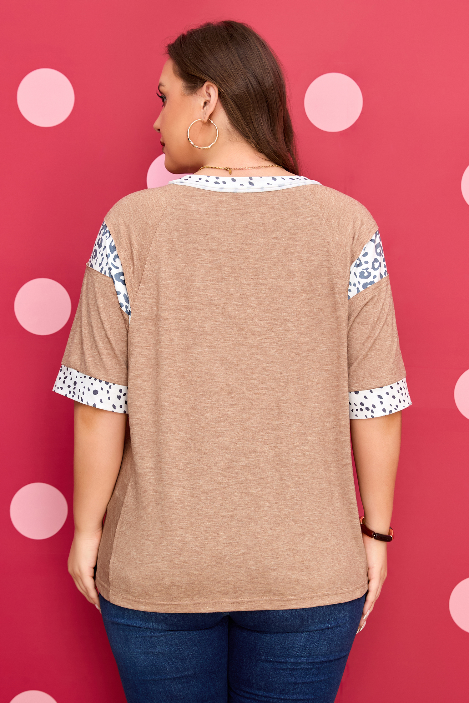 Plus Size Chestnut Animal Color Block Patchwork  Tee