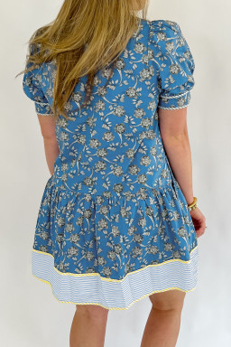 Plus Size Blue  Floral Print Striped Patchwork Detail Button Front Ruffle Hem Dress