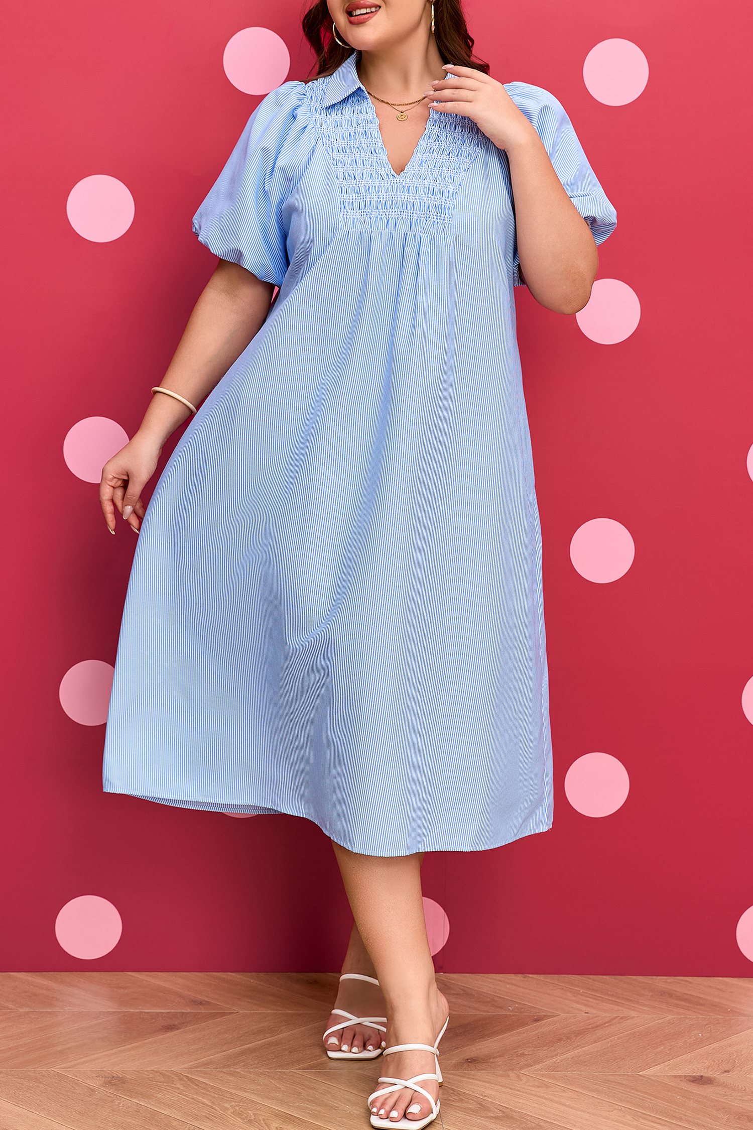 Plus Size Sky Blue Stripe Shirred Detail Collar V Neck  Midi Dress
