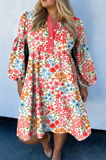 Plus Size Pink  Button V Neck Leopard Print Puff Sleeve Loose Mini Dress