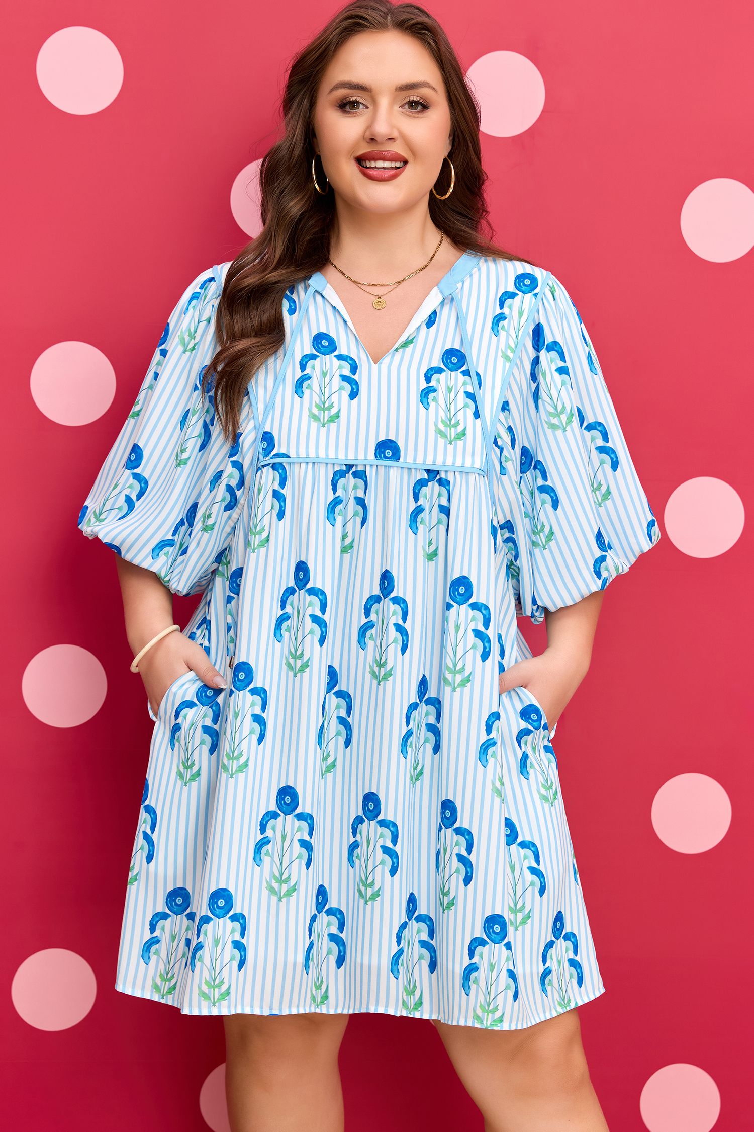 Plus Size Sky Blue Floral Striped Bubble Short Sleeve  Dress