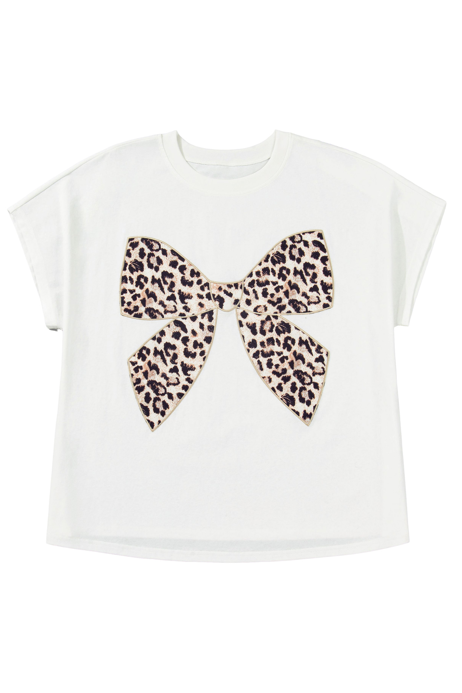 Plus Size White  Leopard Bow Embroidered Patch Casual T Shirt