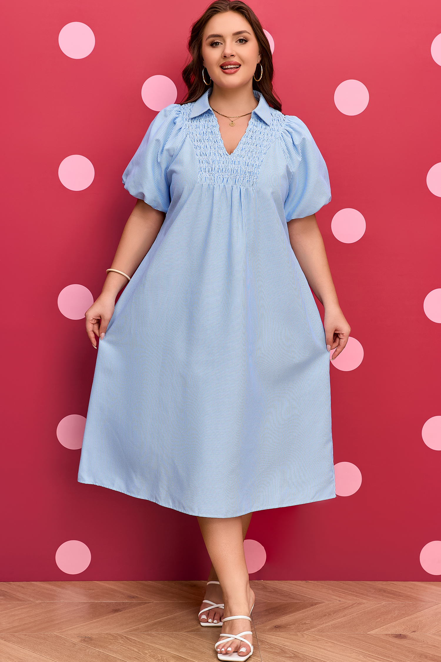 Plus Size Sky Blue Stripe Shirred Detail Collar V Neck  Midi Dress