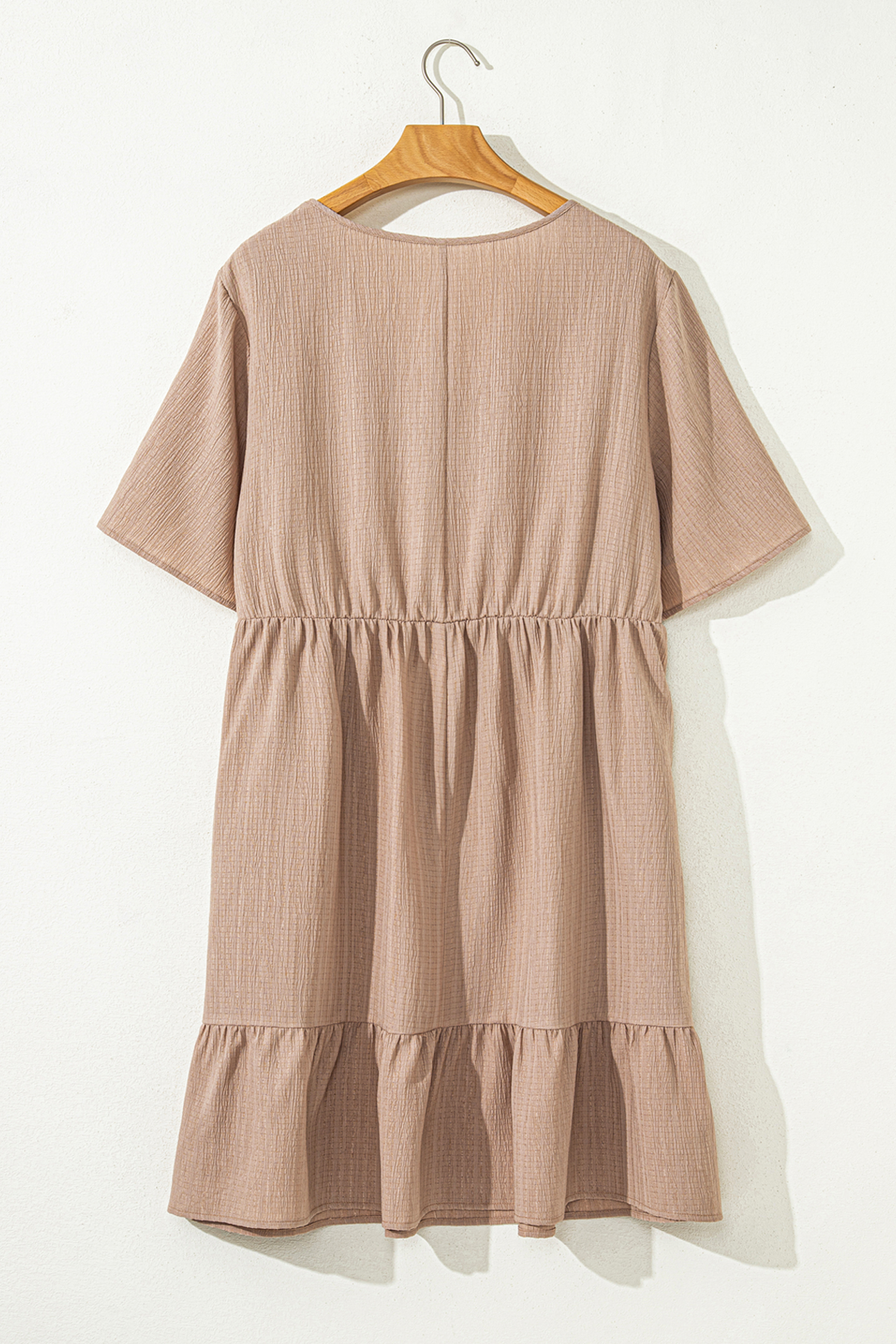 Plus Size Dark Khaki  Textured Ruffled Short Sleeve Dress