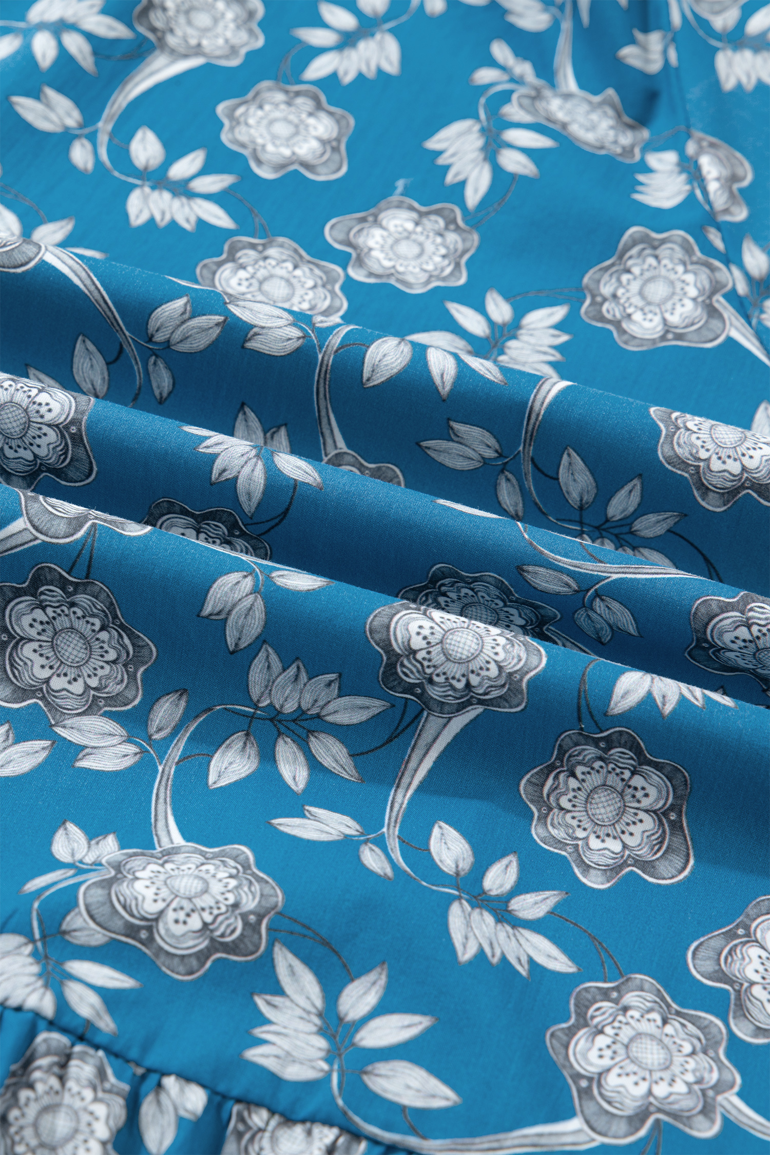 Plus Size Blue  Floral Print Striped Patchwork Detail Button Front Ruffle Hem Dress