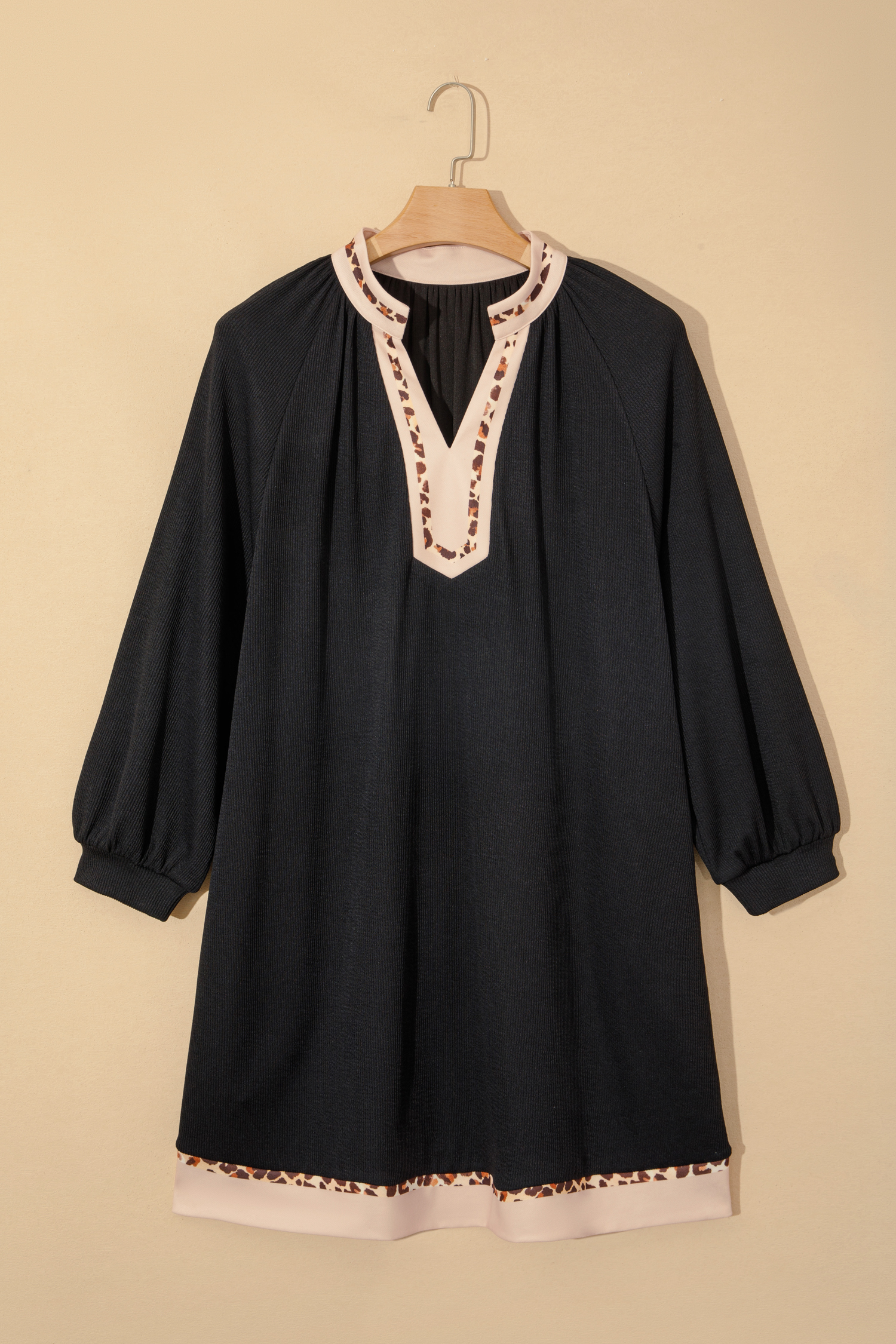 Plus Size Black Contrast Color Block Leopard Trim  Ribbed Dress