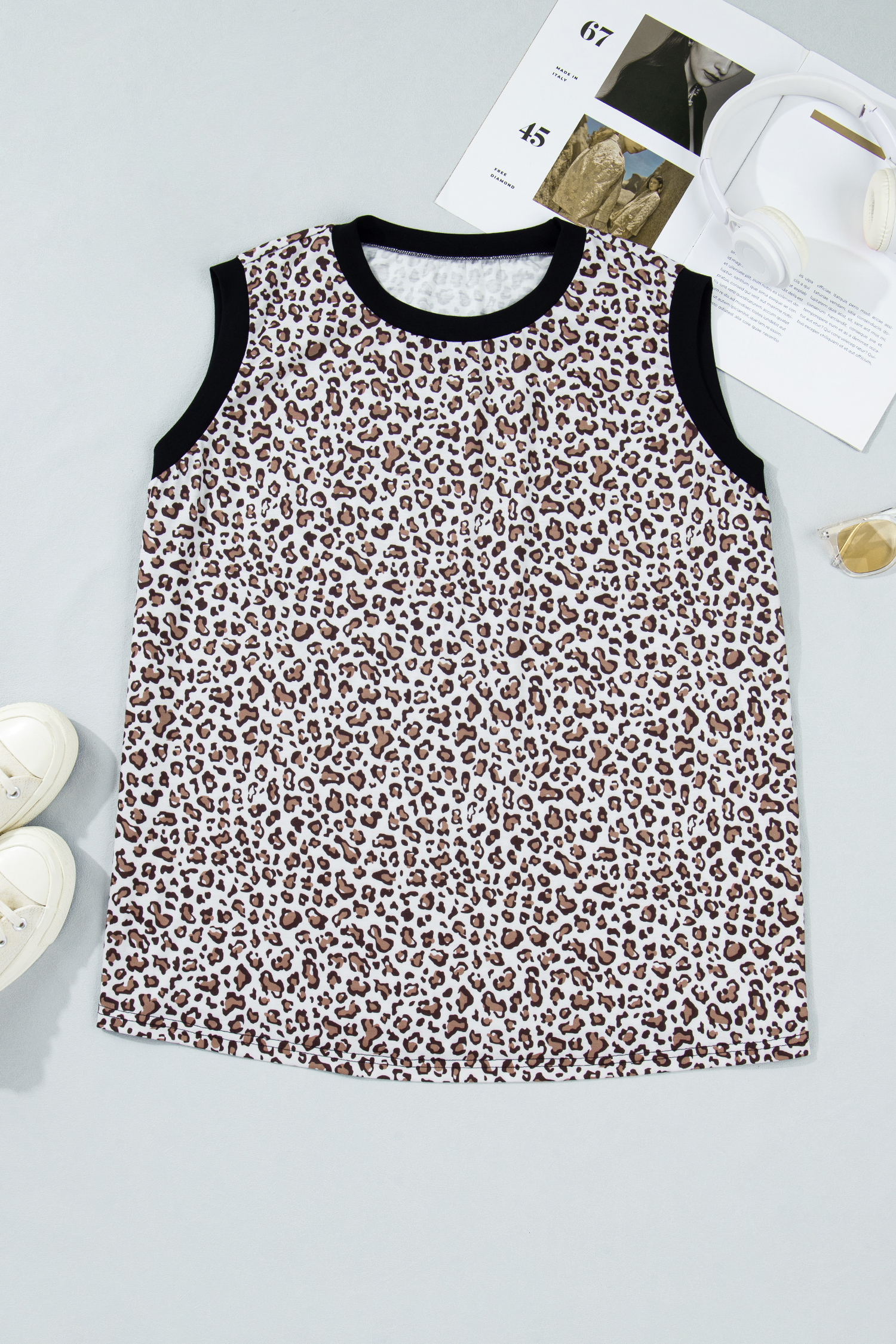 Plus Size Khaki Contrast Trim  Leopard Vest