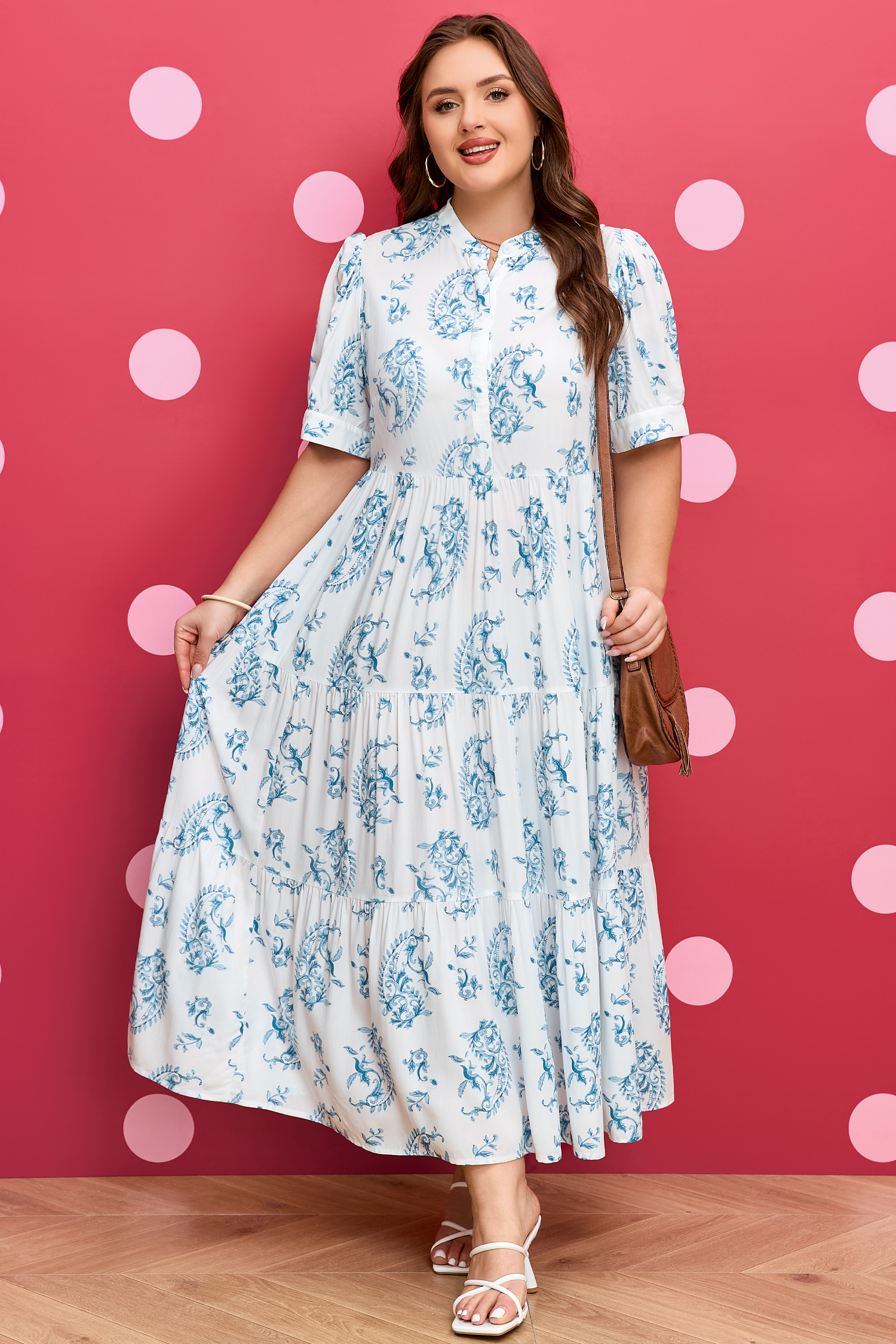 Plus Size Sky Blue  Geometric Floral Print Button Split Neck Short Sleeve Maxi Dress