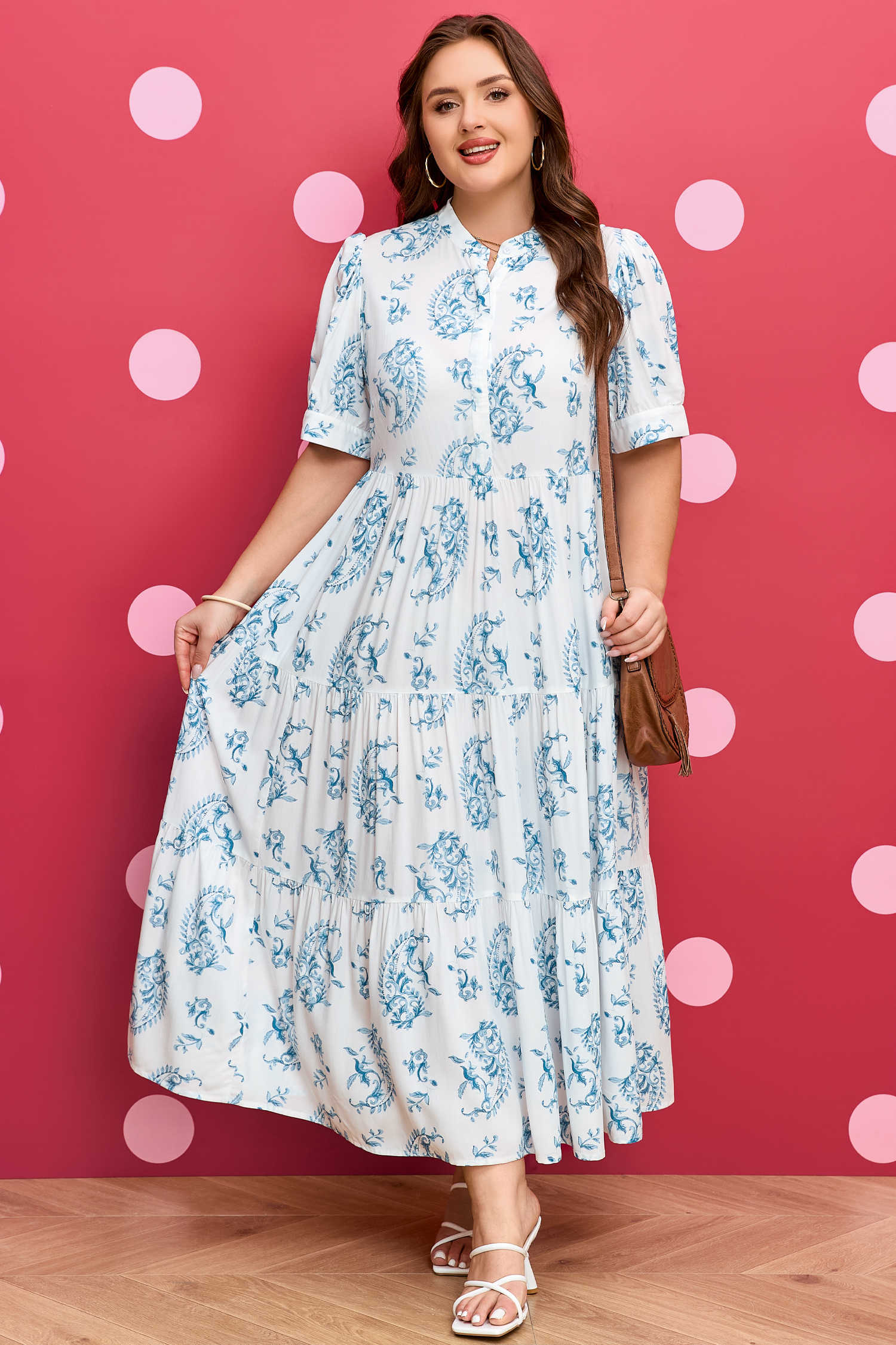 Plus Size Sky Blue  Geometric Floral Print Button Split Neck Short Sleeve Maxi Dress