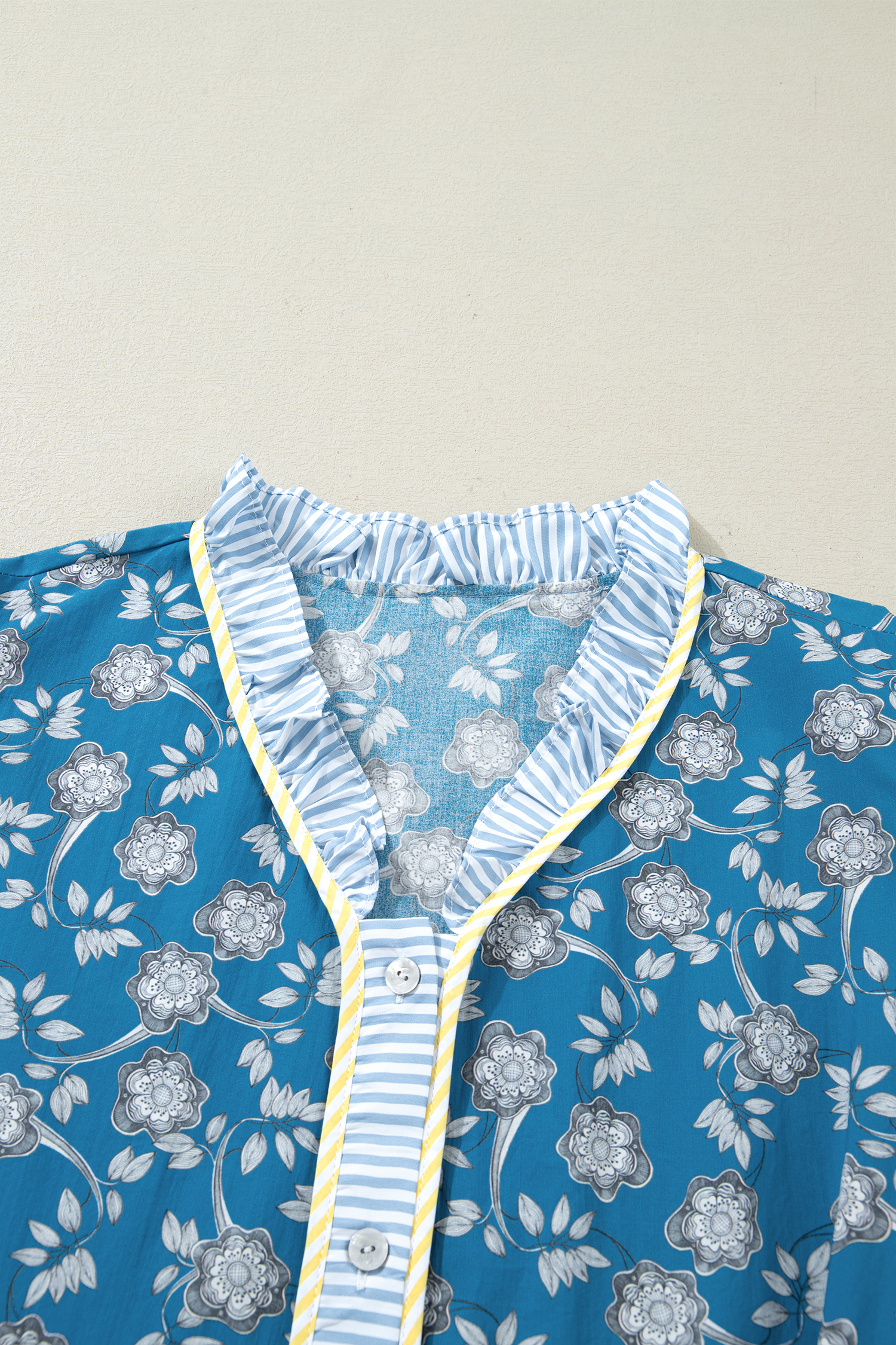 Plus Size Blue  Floral Print Striped Patchwork Detail Button Front Ruffle Hem Dress