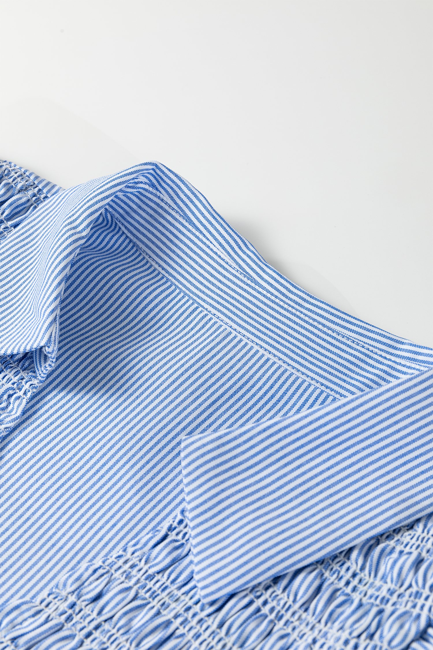 Plus Size Sky Blue Stripe Shirred Detail Collar V Neck  Midi Dress