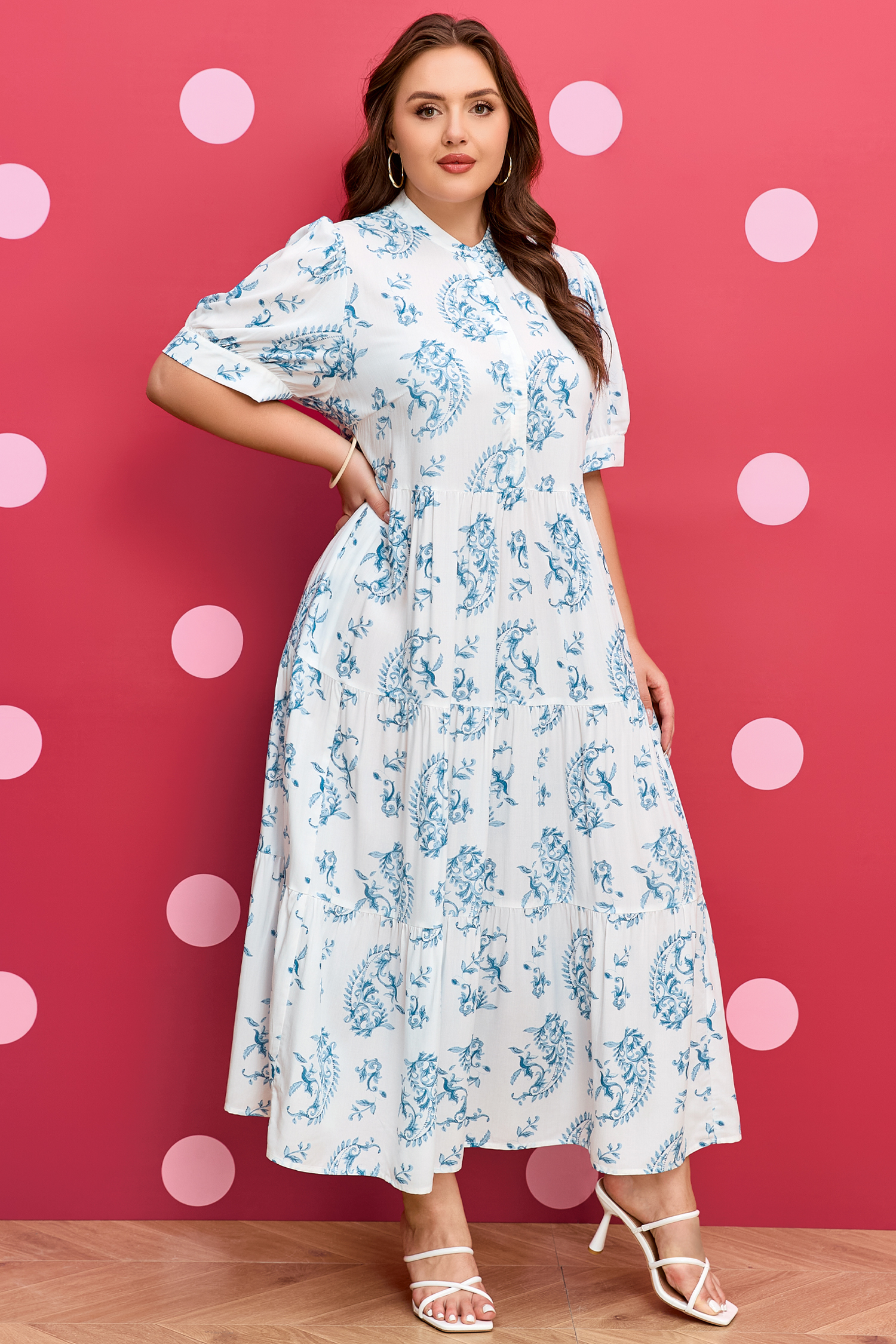 Plus Size Sky Blue  Geometric Floral Print Button Split Neck Short Sleeve Maxi Dress