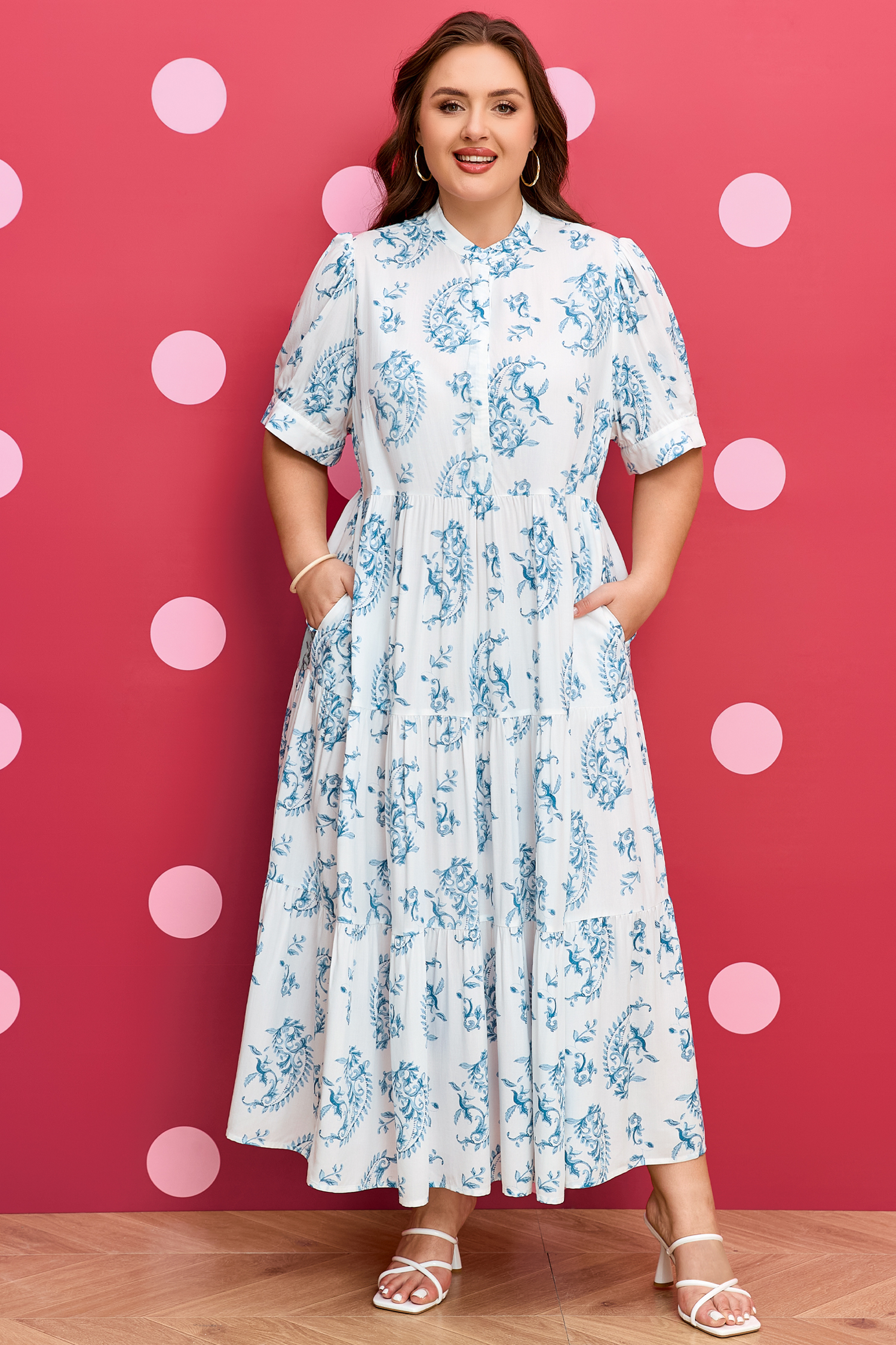 Plus Size Sky Blue  Geometric Floral Print Button Split Neck Short Sleeve Maxi Dress