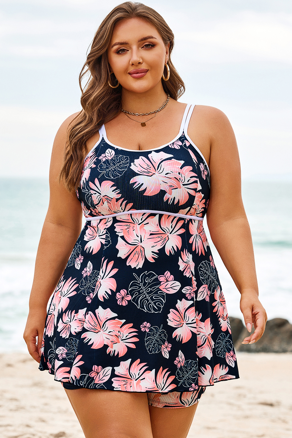 Plus Size Black  Ribbed Contrast Trim Adjustable Straps 2pcs Swimsuit